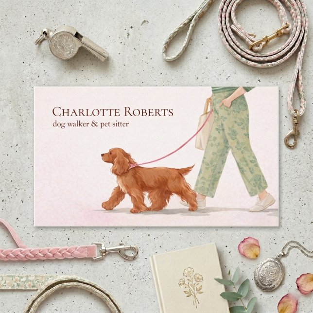 Cute Dog Walker Cocker Spaniel Pink Business Card (Creator Uploaded)