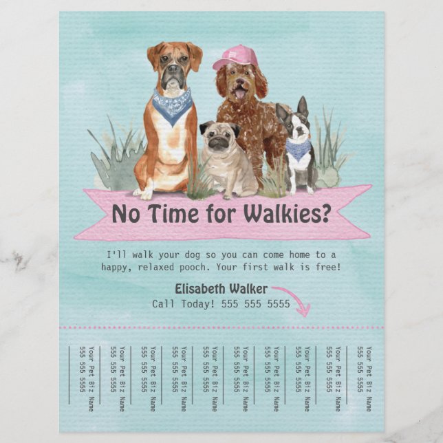 Cute Dog Walker Flyer Tear Sheet Pink Banner (Front)