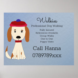 Cute Dog Walking  Dog Grooming Business on Blue  Poster