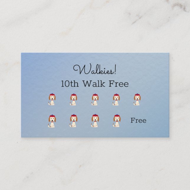 Cute Dog walking / Grooming Loyalty Card on Blue (Front)