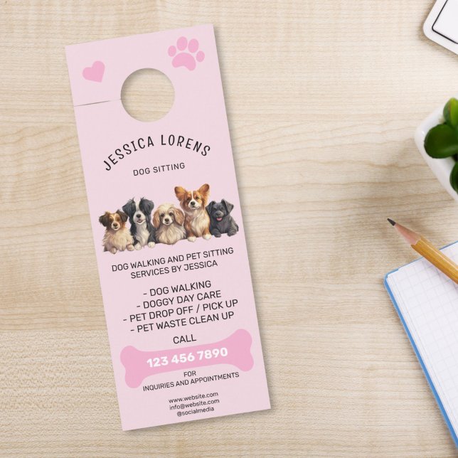 Cute Dog Walking Pet Puppy Sitting Services  Door Hanger (cute dogs on pink background door hanger for dog walking, pet sitting or vet)