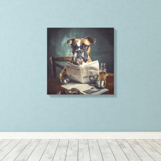 Cute Dog Wearing Glasses Reading Newspaper  Canvas Print