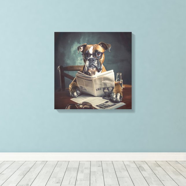 Cute Dog Wearing Glasses Reading Newspaper  Canvas Print (Insitu(Wood Floor))