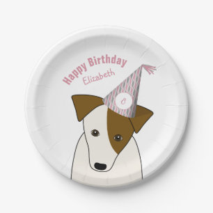 cute dog wearing party hat pink grey girl birthday paper plate