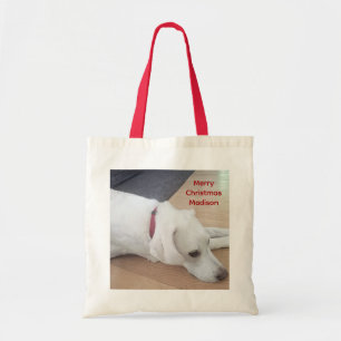 Cute dog Wearing Red Collar Christmas Tote Bag