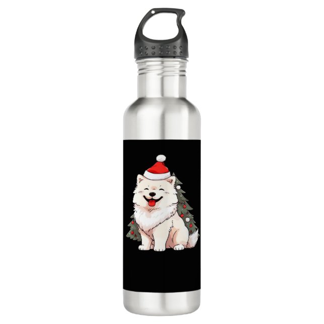Cute Dog wearing Santa hat and Christmas tree Clas 710 Ml Water Bottle (Front)