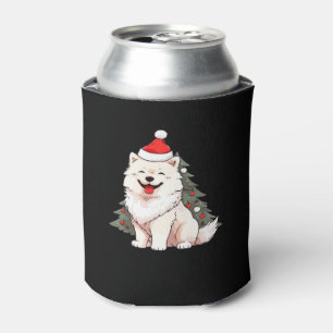 Cute Dog wearing Santa hat and Christmas tree Clas Can Cooler