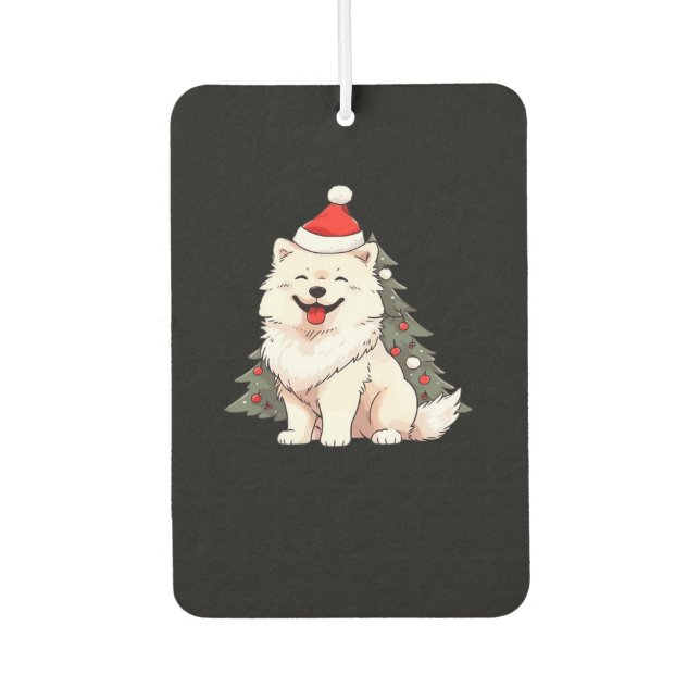 Cute Dog wearing Santa hat and Christmas tree Clas Car Air Freshener (Front)