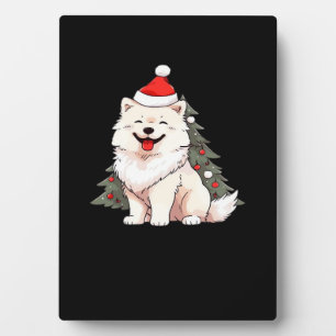 Cute Dog wearing Santa hat and Christmas tree Clas Plaque