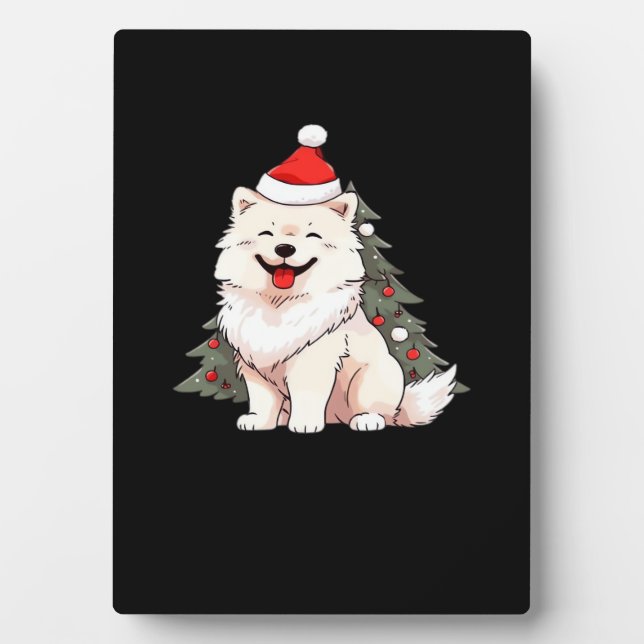 Cute Dog wearing Santa hat and Christmas tree Clas Plaque (Front)