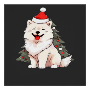 Cute Dog wearing Santa hat and Christmas tree Clas Poster