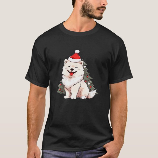 Cute Dog wearing Santa hat and Christmas tree Clas T-Shirt (Front)