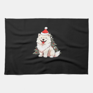 Cute Dog wearing Santa hat and Christmas tree Clas Tea Towel