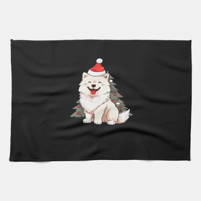 Cute Dog wearing Santa hat and Christmas tree Clas Tea Towel (Horizontal)