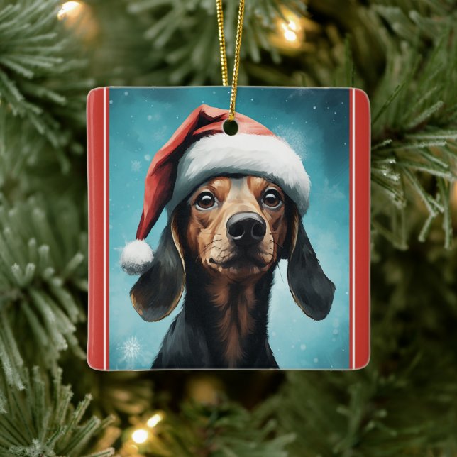 Cute Dog Wearing Santa Hat Dachshund Christmas Ceramic Ornament (Tree)