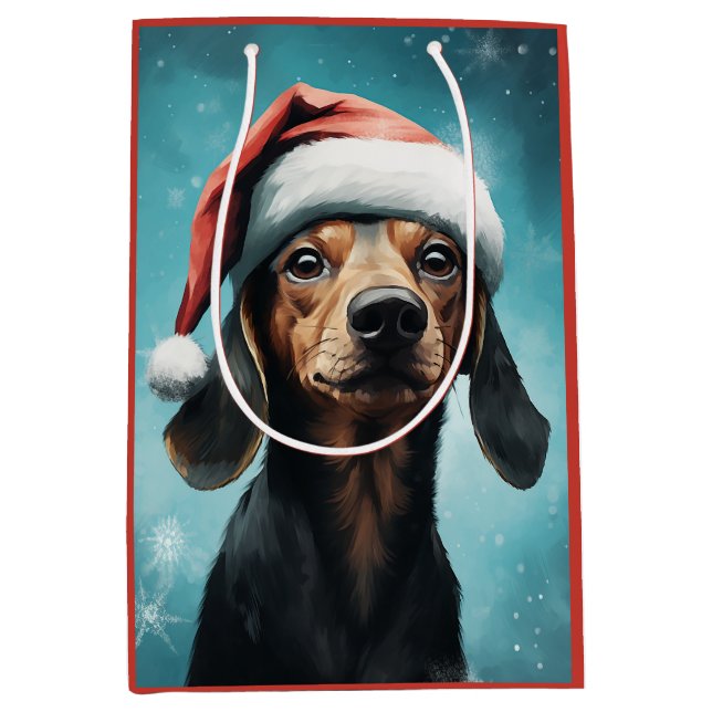 Cute Dog Wearing Santa Hat Dachshund Christmas Medium Gift Bag (Front)