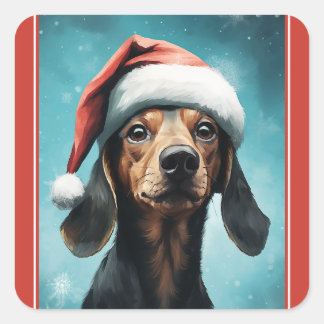 Cute Dog Wearing Santa Hat Dachshund Christmas Square Sticker