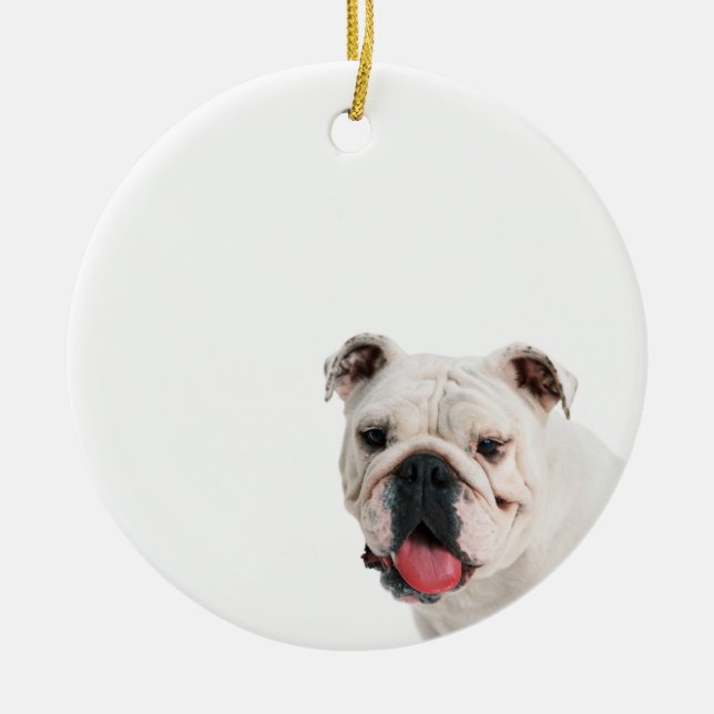 Cute dog white Bulldog Ceramic Tree Decoration (Front)