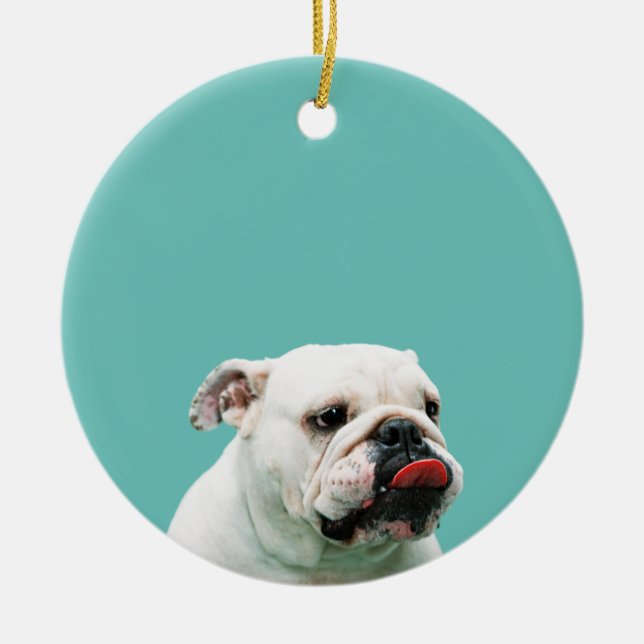 Cute dog white Bulldog Ceramic Tree Decoration (Front)