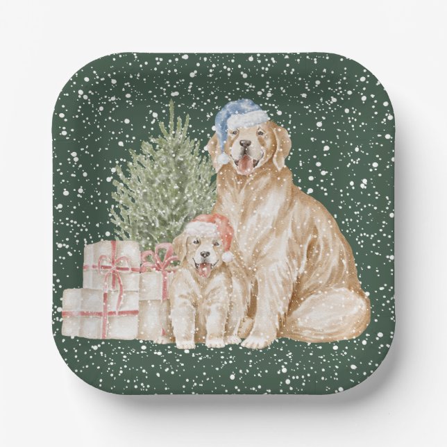 Cute dog winter greenery Christmas Paper Plate (Front)