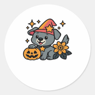 Cute Dog Witch hat Pumpkin Fun Halloween Oversized Classic Round Sticker