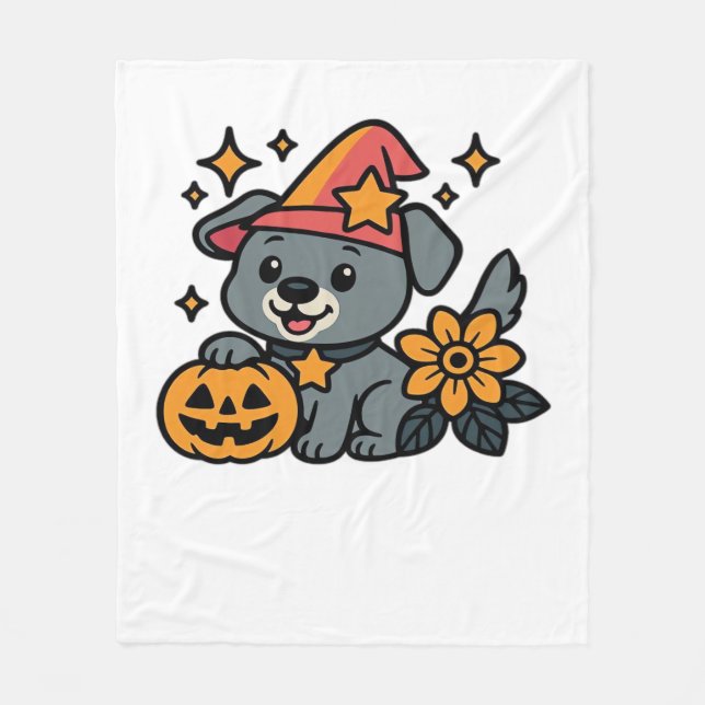 Cute Dog Witch hat Pumpkin Fun Halloween Oversized Fleece Blanket (Front)