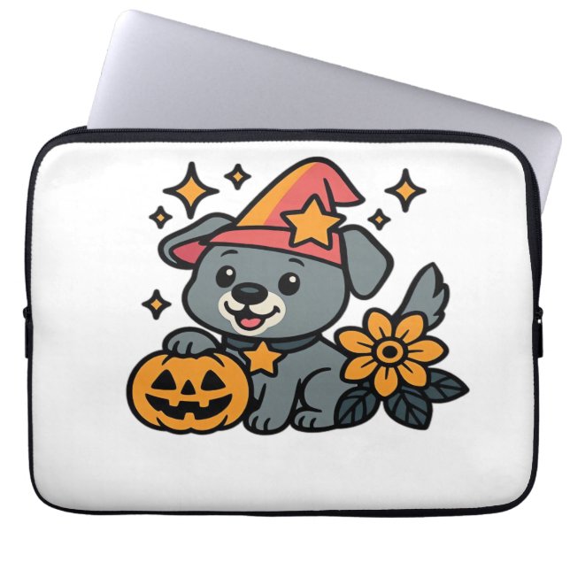 Cute Dog Witch hat Pumpkin Fun Halloween Oversized Laptop Sleeve (Front)