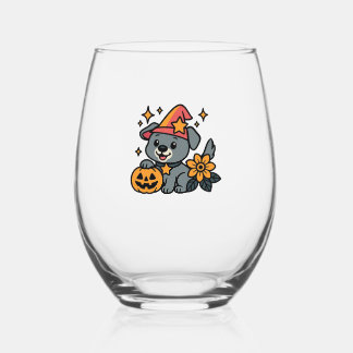 Cute Dog Witch hat Pumpkin Fun Halloween Oversized Stemless Wine Glass