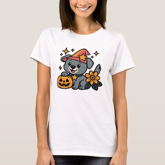 Cute Dog Witch hat Pumpkin Fun Halloween Oversized T-Shirt (Front)
