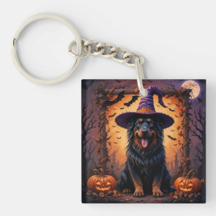 Cute Dog Witch Hat Pumpkin Halloween Scene Key Ring