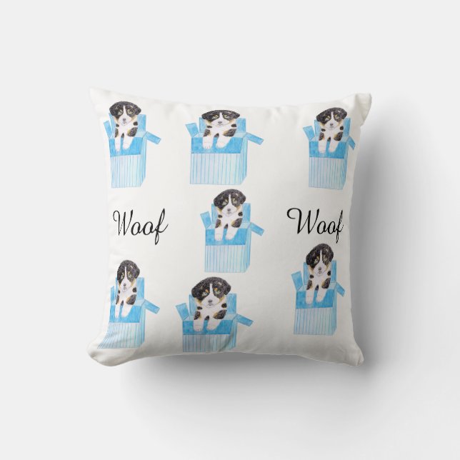 Cute Dog with a  blue box woof Cushion (Front)