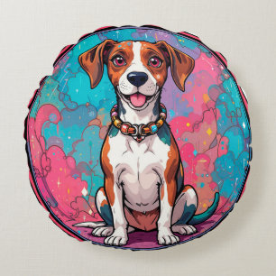 Cute Dog With a Colourful Collar Round Cushion