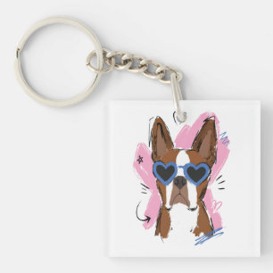 Cute Dog with Blue Heart Sunglasses on Pink Heart Key Ring