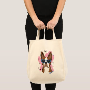 Cute Dog with Blue Heart Sunglasses on Pink Heart Tote Bag