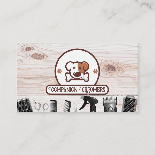 Cute Dog with Bone | Wood | Grooming Tools Business Card (Front)