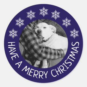 Cute Dog with Dad Photo Merry Christmas Blue Classic Round Sticker