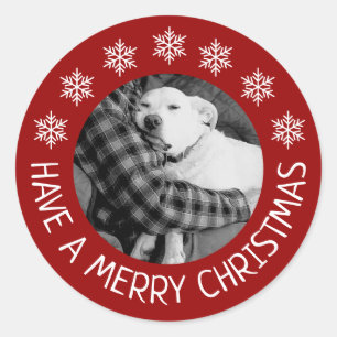 Cute Dog with Dad Photo Merry Christmas Red Classic Round Sticker