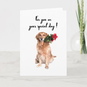 Cute dog with flower in mouth, dog birthday card