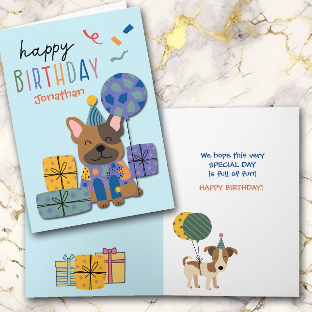 Cute Dog with Gifts and Balloon Kids Birthday Holiday Card (Creator Uploaded)