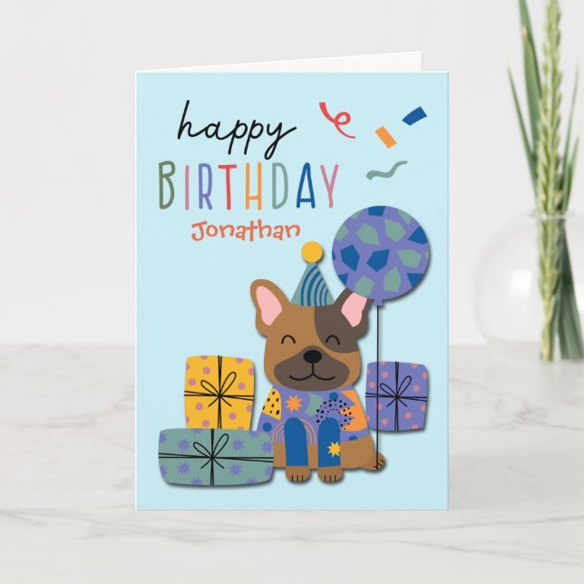 Cute Dog with Gifts and Balloon Kids Birthday Holiday Card (Front)