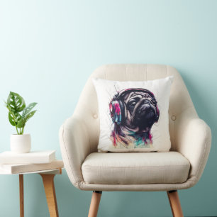 Cute Dog with Headphones water color illustration Cushion