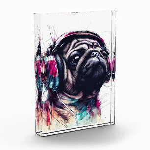 Cute Dog with Headphones water color illustration Photo Block