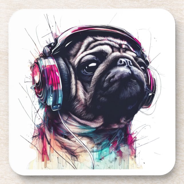Cute Dog with Headphones water colour illustration Coaster (Front)