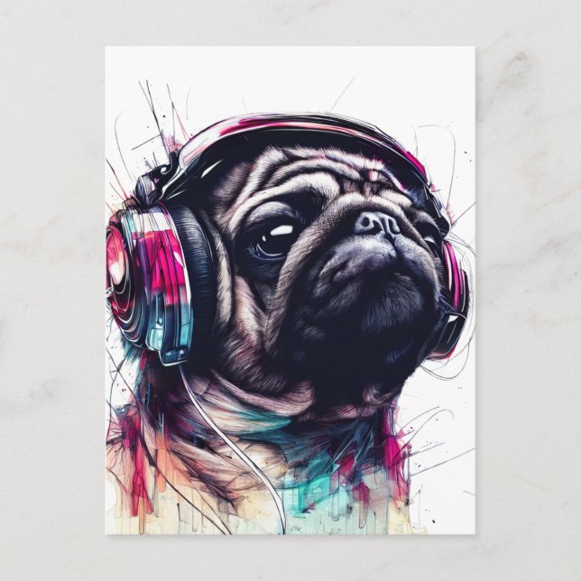 Cute Dog with Headphones water colour illustration Holiday Postcard (Front)