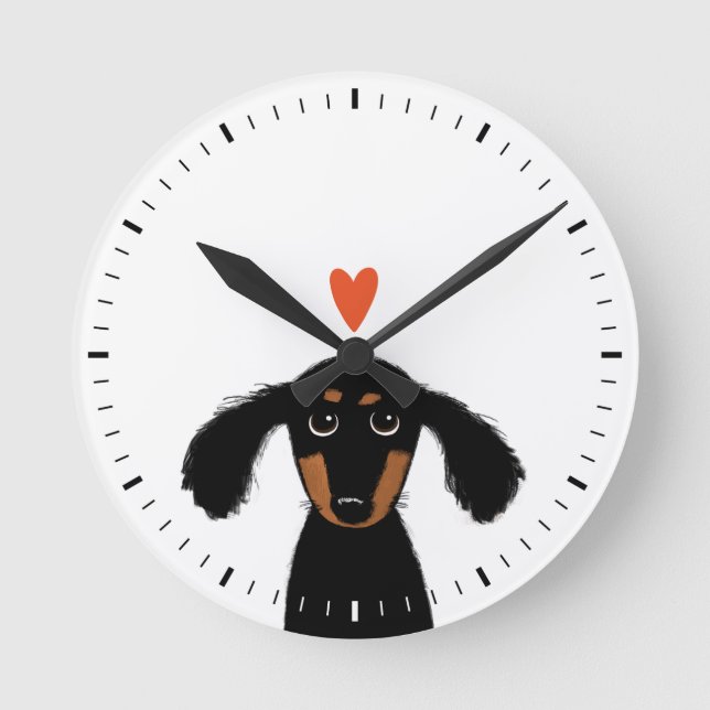 Cute Dog with Heart Black and Tan Dachshund Round Clock (Front)