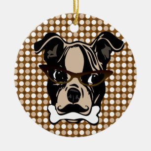 Cute Dog with Moustache, Eyeglasses & Bone in Ceramic Tree Decoration