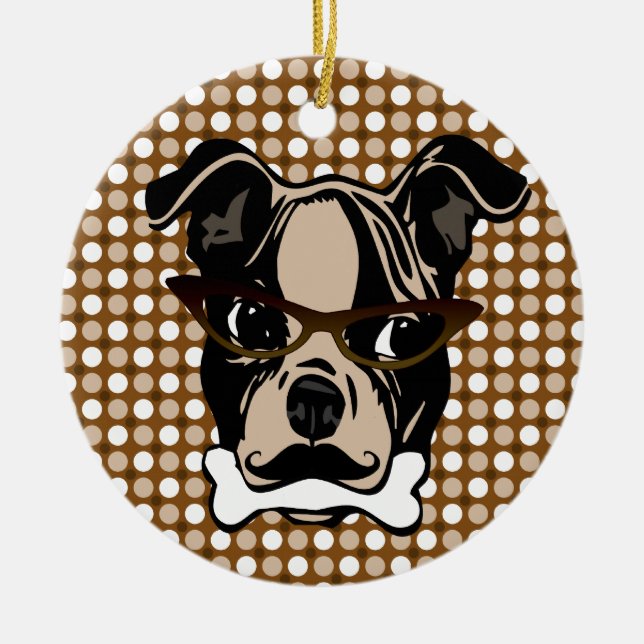 Cute Dog with Moustache, Eyeglasses & Bone in Ceramic Tree Decoration (Front)