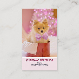 Cute Dog with Pink Bow Christmas Photo Business Card