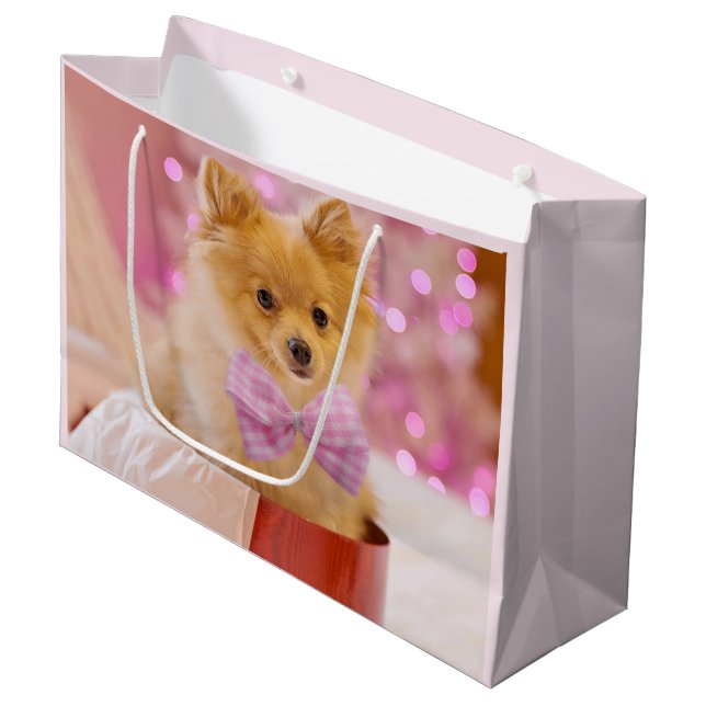 Cute Dog with Pink Bow Christmas Photo Large Gift Bag (Front Angled)