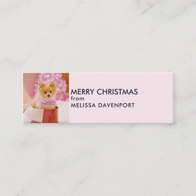Cute Dog with Pink Bow Christmas Photo Mini Business Card (Front)
